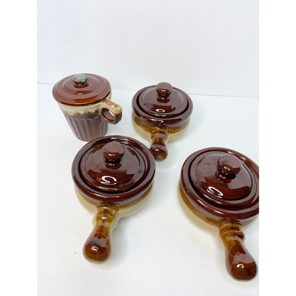 Soup Bowls , GLAZED STONEWARE CLAY WITH HANDLE AND LID 3 lot, 1 Mug Monmouth - Picture 11 of 15